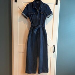 PAIGE Dark Blue Denim Short-Sleeve Jumpsuit